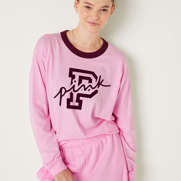 Victoria's Secret PINK Cotton Long Sleeve Campus Ringer Tee Pink Logo Large NEW - Picture 4 of 4